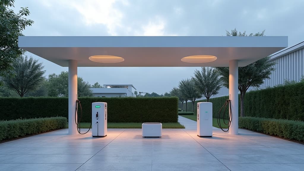 Modern EV şarj istasyonu — kanopi, şarj üniteleri ve boş park alanı